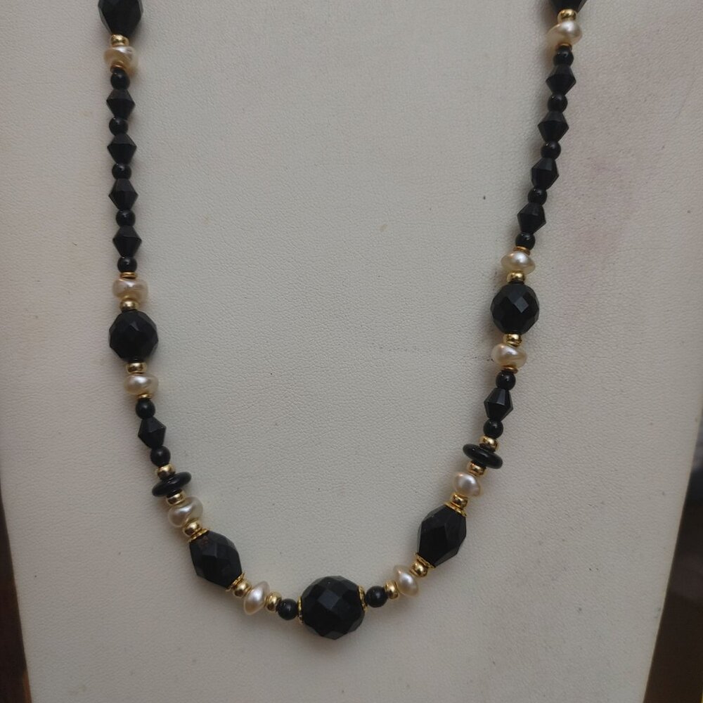 Vintage 24 Inch Black Faceted Beads Glass Faux Pearl Necklace Gold Tone Accents